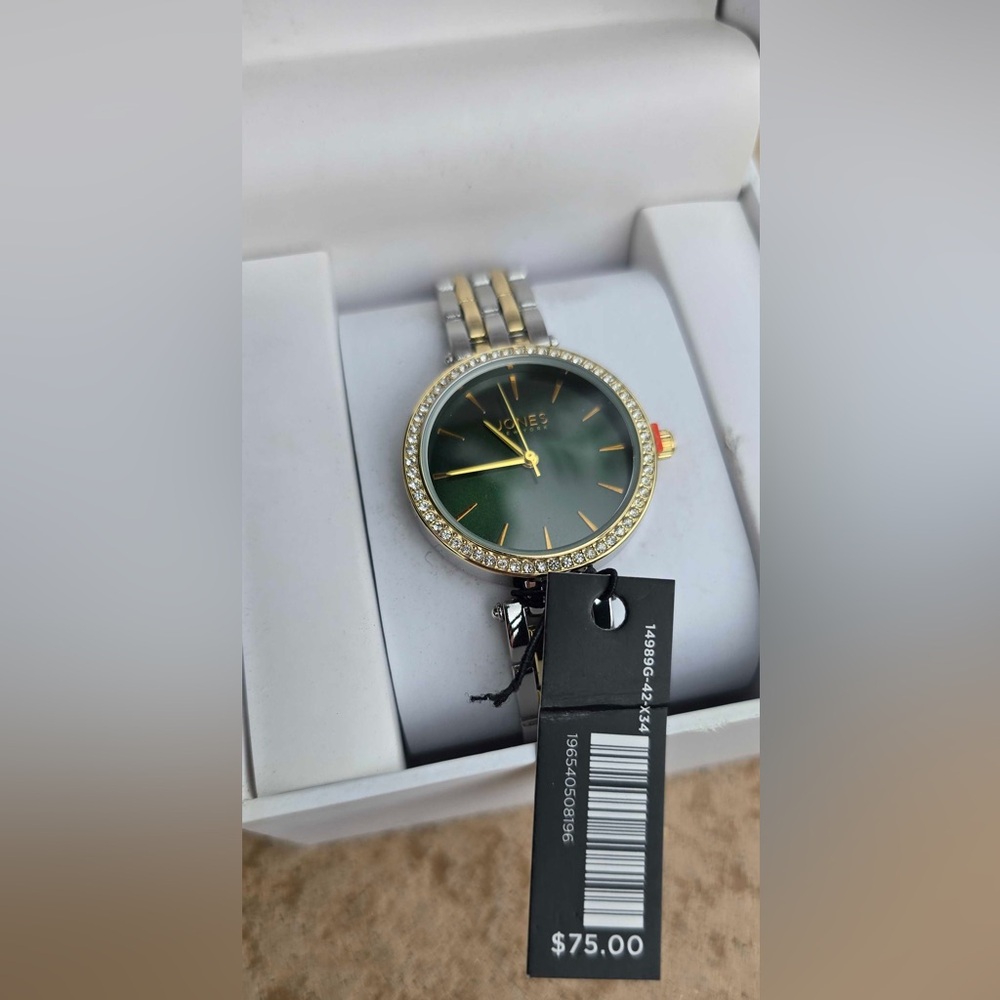 Jones New York Two-Tone Bracelet Watch with Green Dial and Crystal Bezel